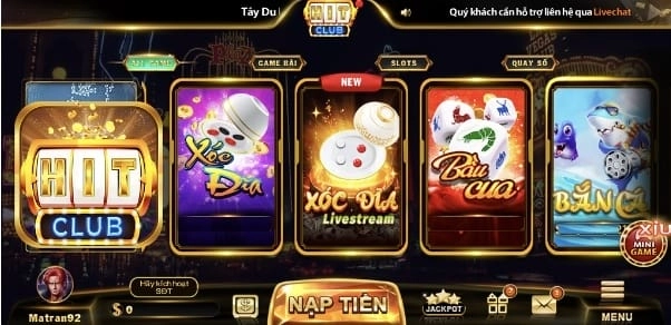  Giao diện trò chơi Hitclub với các game hot như tài xỉu, bắn cá.