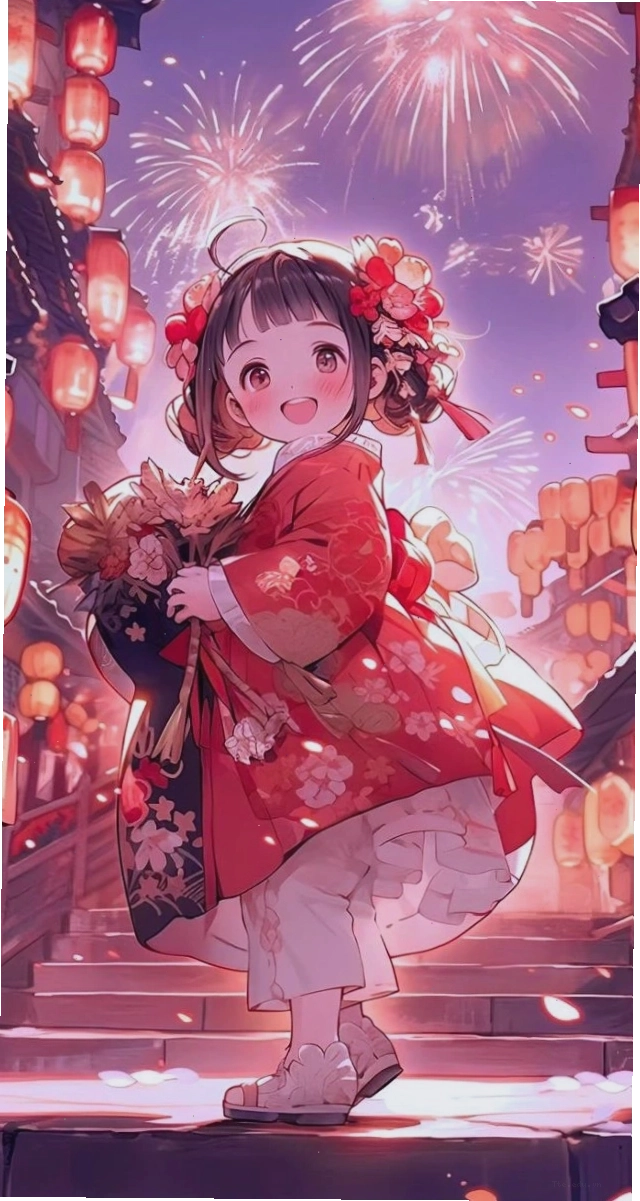 Anime bé gái và đèn lồng trong không khí Tết