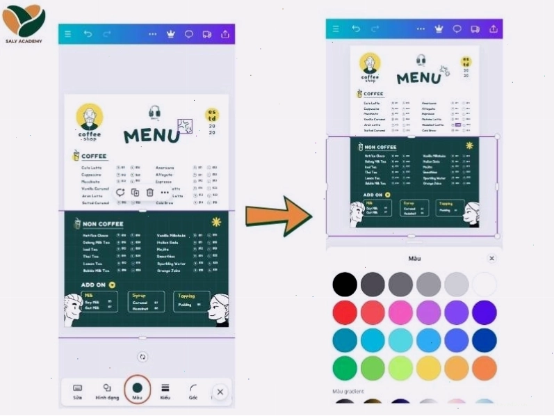 Cách đổi màu khi thiết kế menu bằng Canva