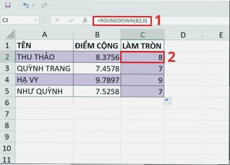 Cách dùng hàm ROUNDDOWN làm tròn số trong Excel
