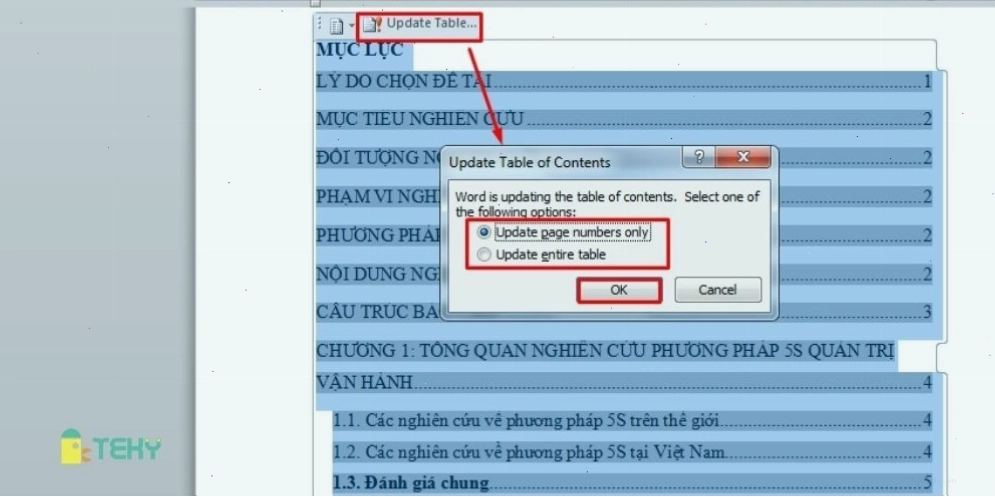 Cập nhật mục lục tự động trong Word