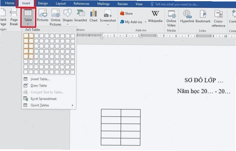 Chèn bảng vào Word để tạo sơ đồ lớp học
