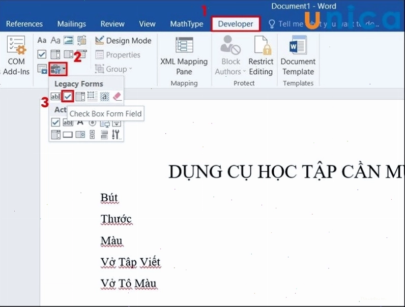 Chèn ô vuông Checkbox vào vị trí mong muốn trong Word