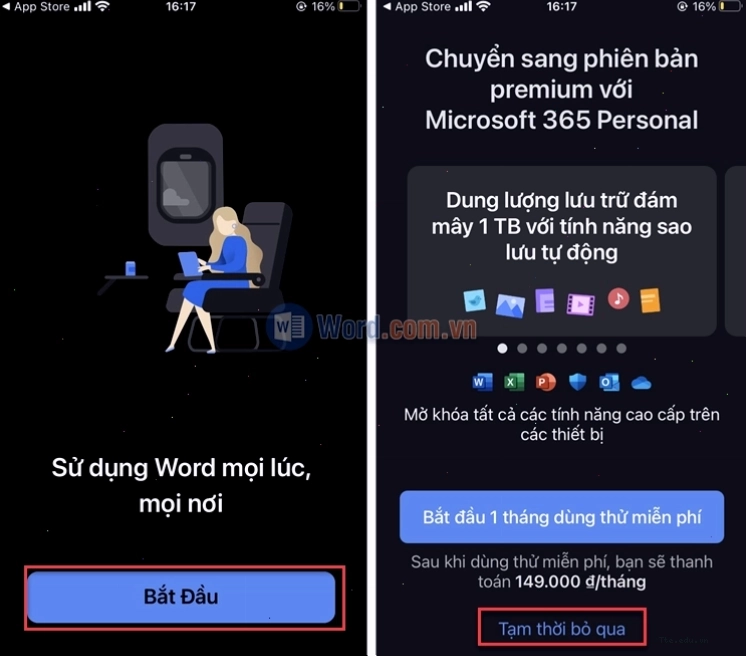 Chọn tạm thời bỏ qua khi mở ứng dụng Word trên điện thoại