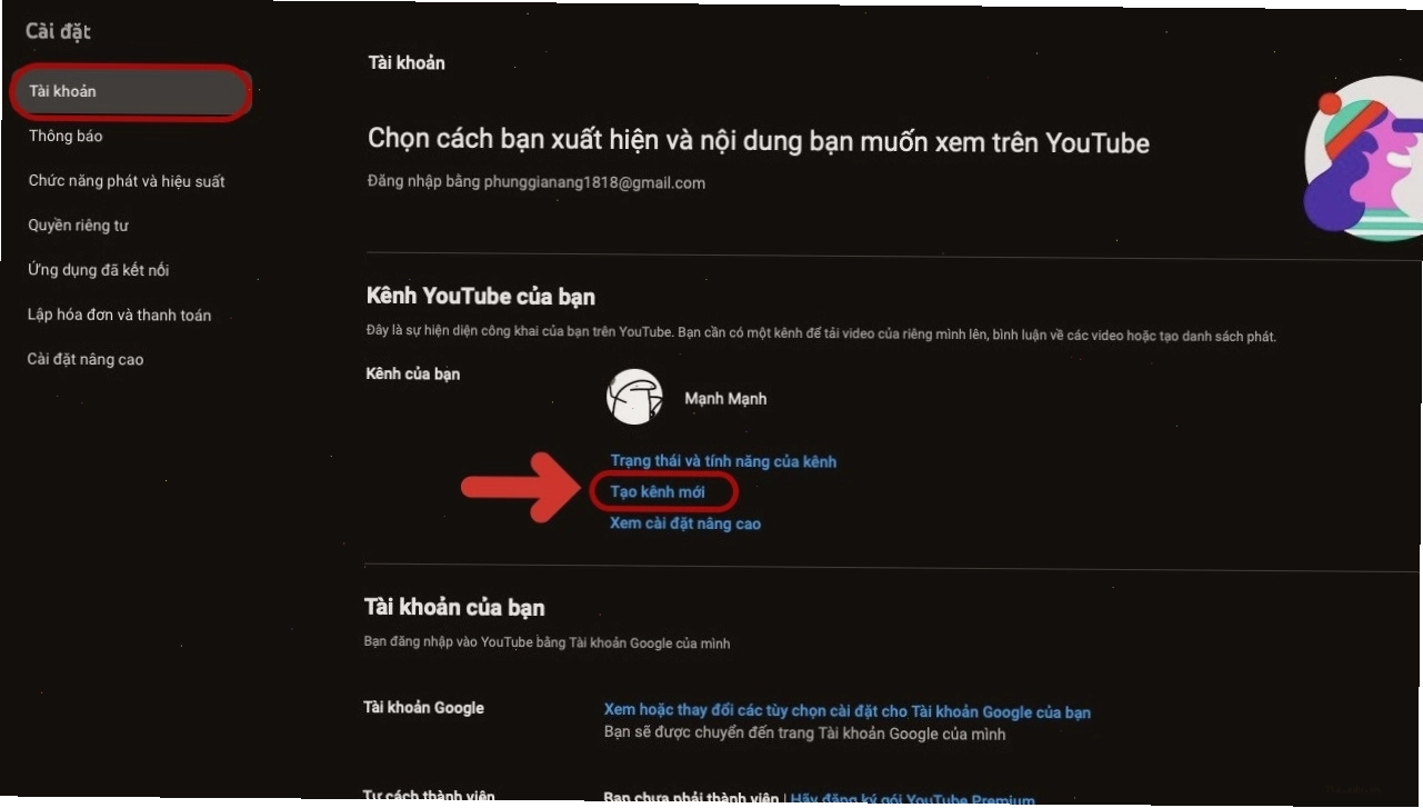 Chọn Tạo kênh mới trong phần Tài khoản YouTube