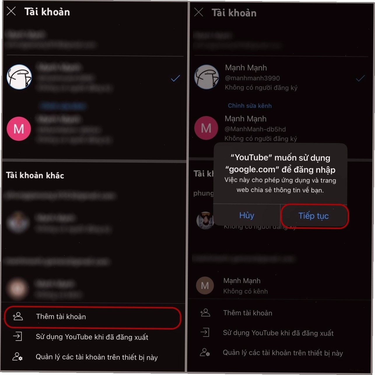 Chọn Thêm tài khoản để tạo kênh YouTube mới