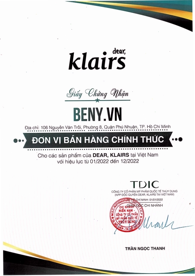 Chứng nhận phân phối chính hãng Klairs