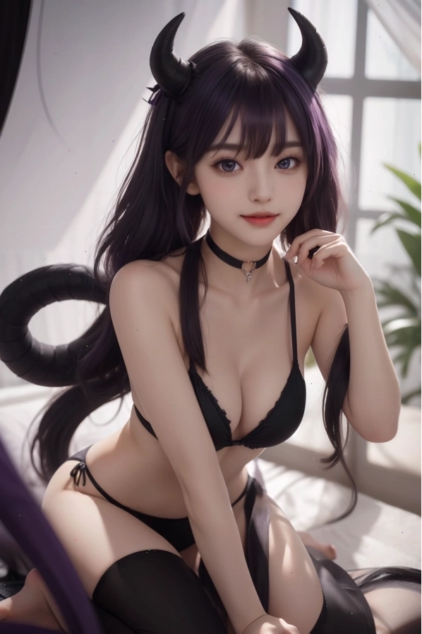 Cô gái AI với mái tóc tím và trang phục gợi cảm