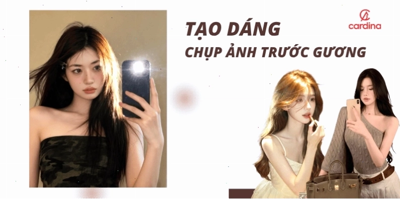Cô gái tạo dáng duyên dáng trước gương với chiếc điện thoại che mặt