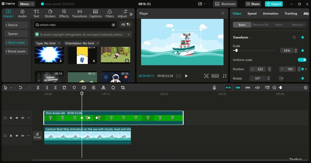 Giao diện chỉnh sửa của trình chỉnh sửa video trên máy tính CapCut