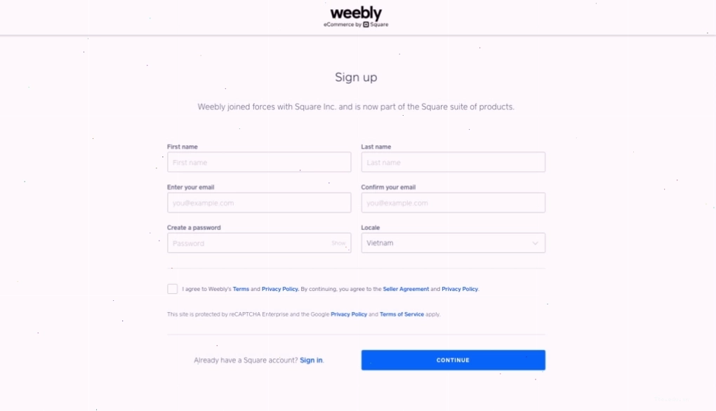 Giao diện đăng ký tài khoản trên nền tảng Weebly