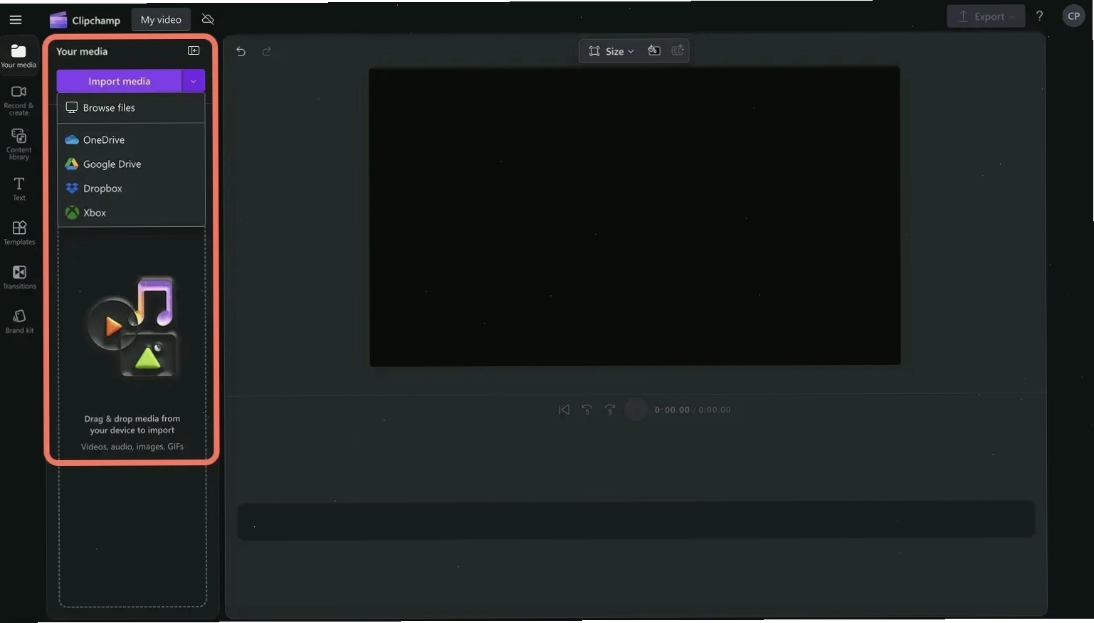 Giao diện trình biên tập video Clipchamp