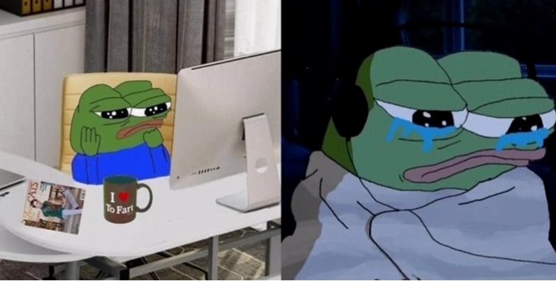 Meme ếch xanh ngồi thụp thể hiện sự chán nản