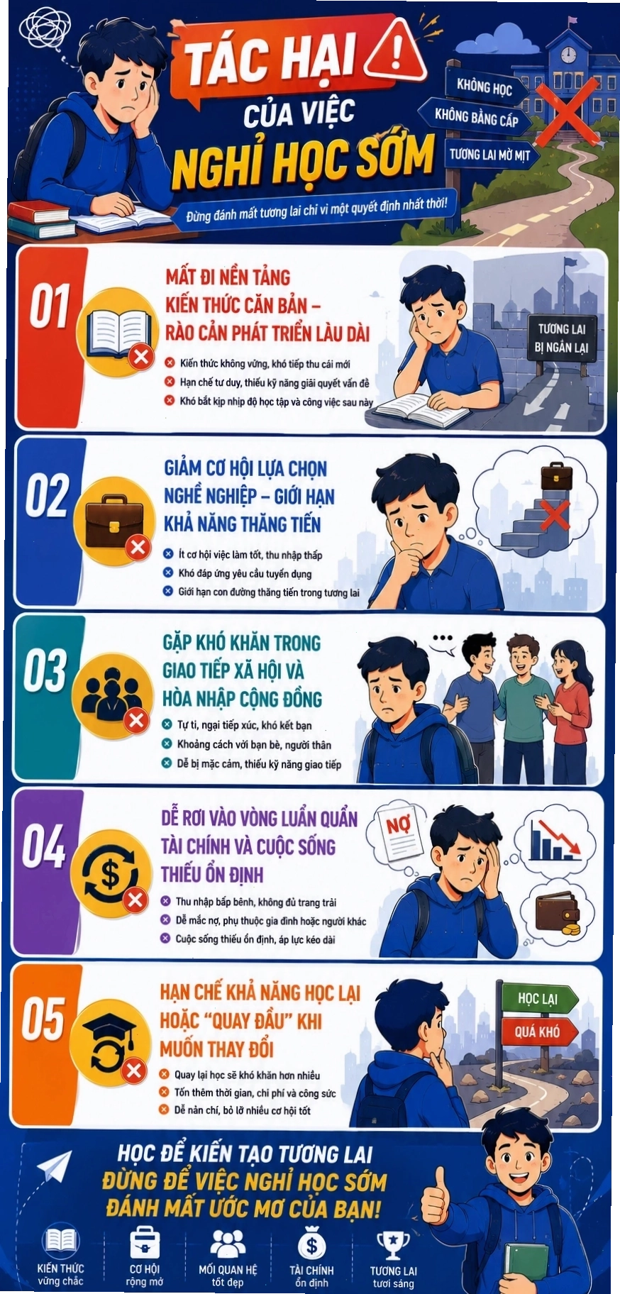 Minh họa học sinh đang suy nghĩ về tương lai và tầm quan trọng của việc học