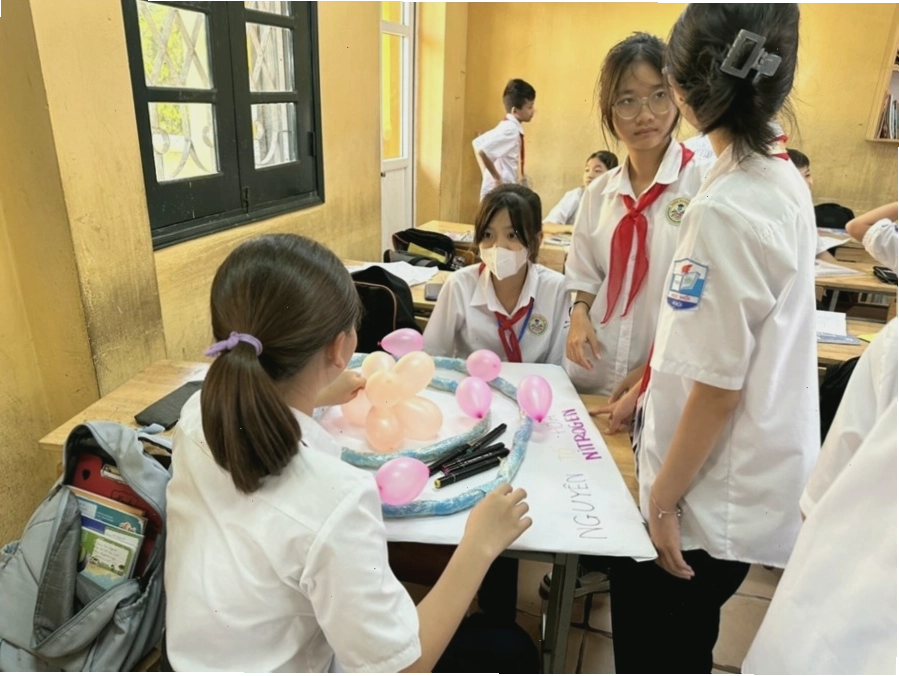 Mô hình nguyên tử làm từ bìa cát tông với các vòng quỹ đạo