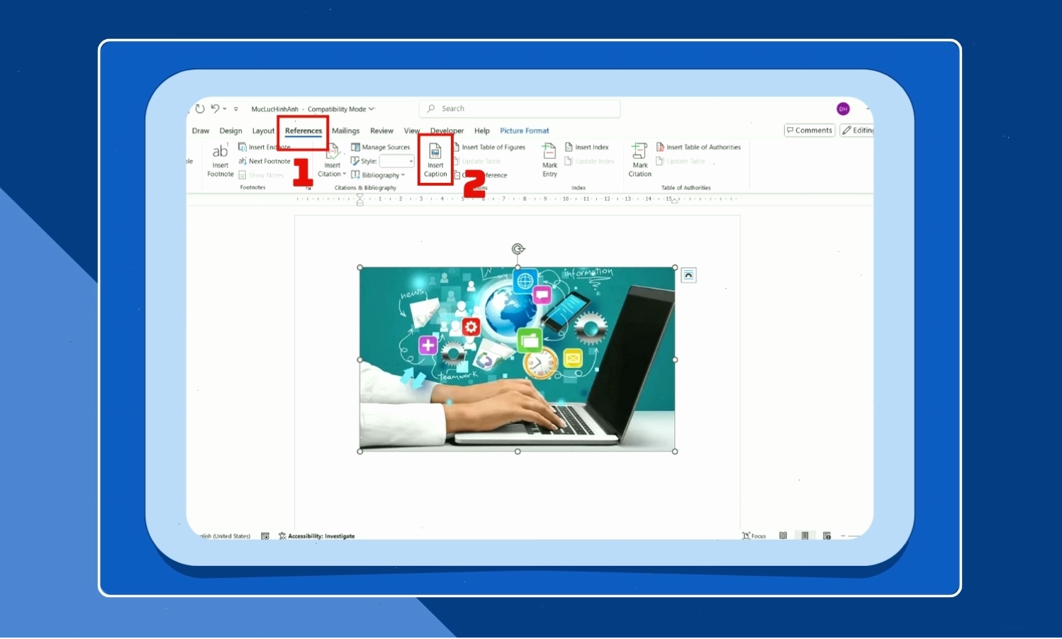 Thao tác chọn Insert Caption để thêm chú thích cho hình ảnh trong Word