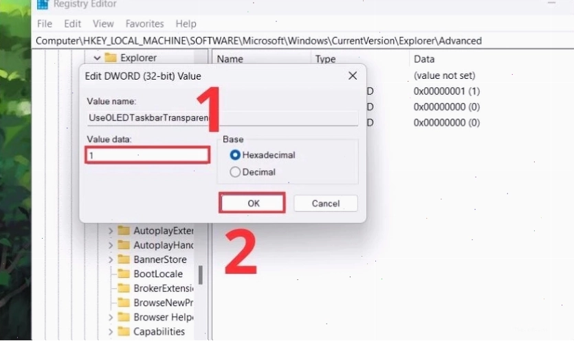 Thay đổi value data từ 0 thành 1