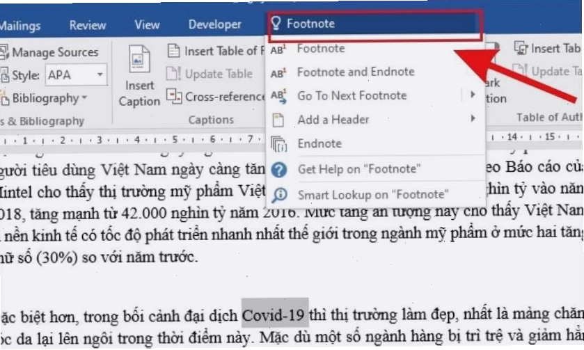 Tìm kiếm tính năng Footnote trên thanh công cụ Word