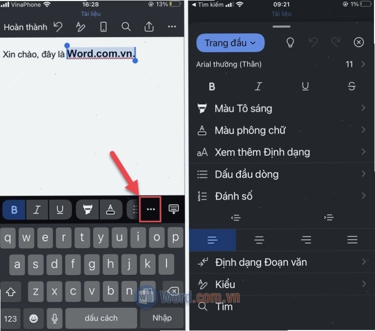Truy cập các công cụ soạn thảo trong Word trên điện thoại