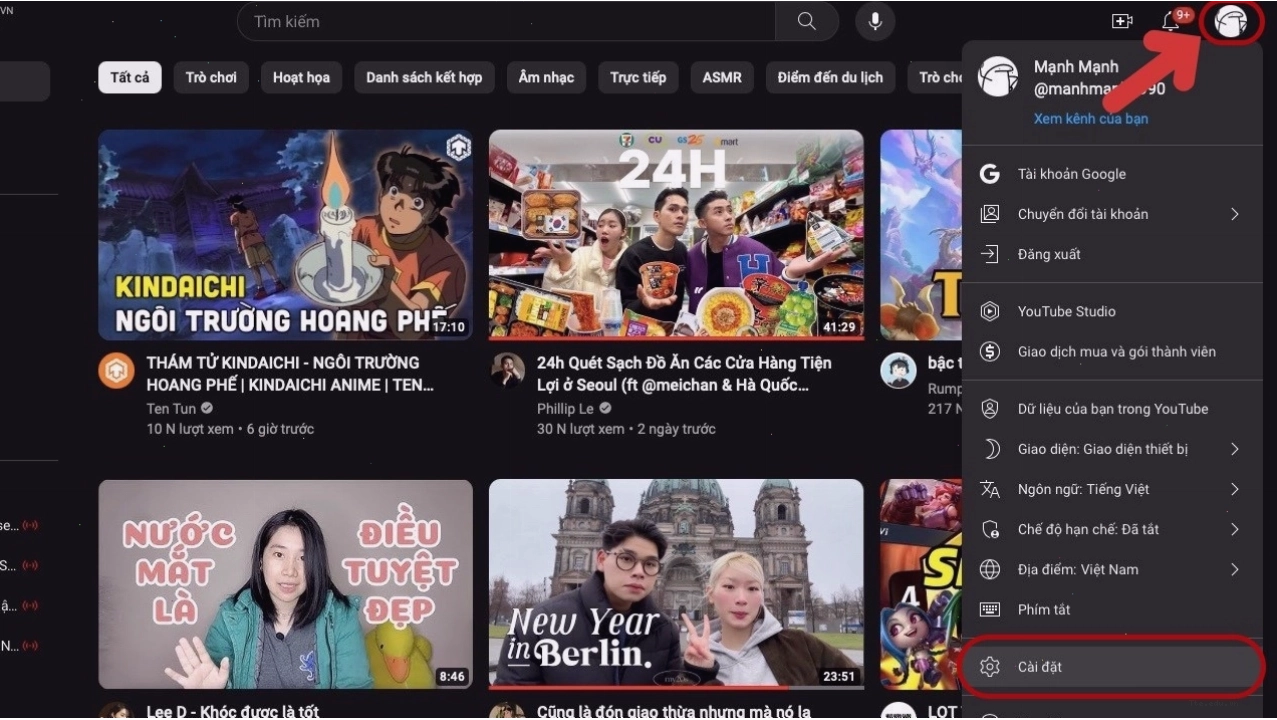 Truy cập Cài đặt từ biểu tượng tài khoản trên YouTube máy tính