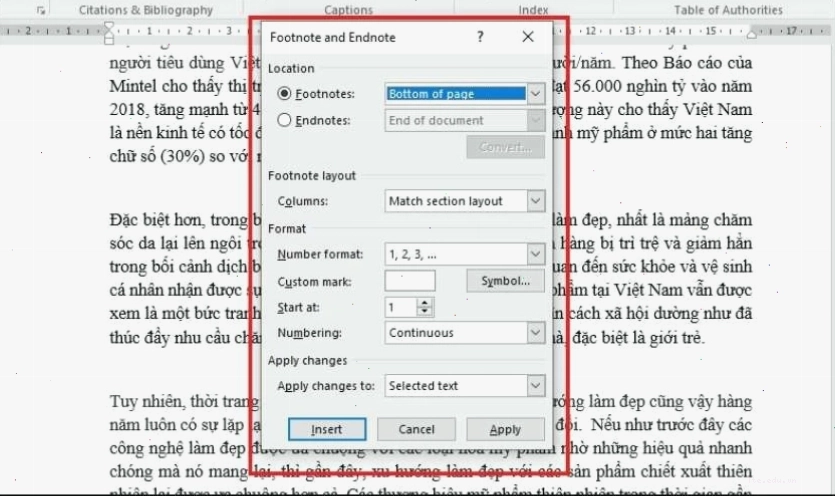 Tùy chỉnh định dạng và vị trí Footnote trong Word
