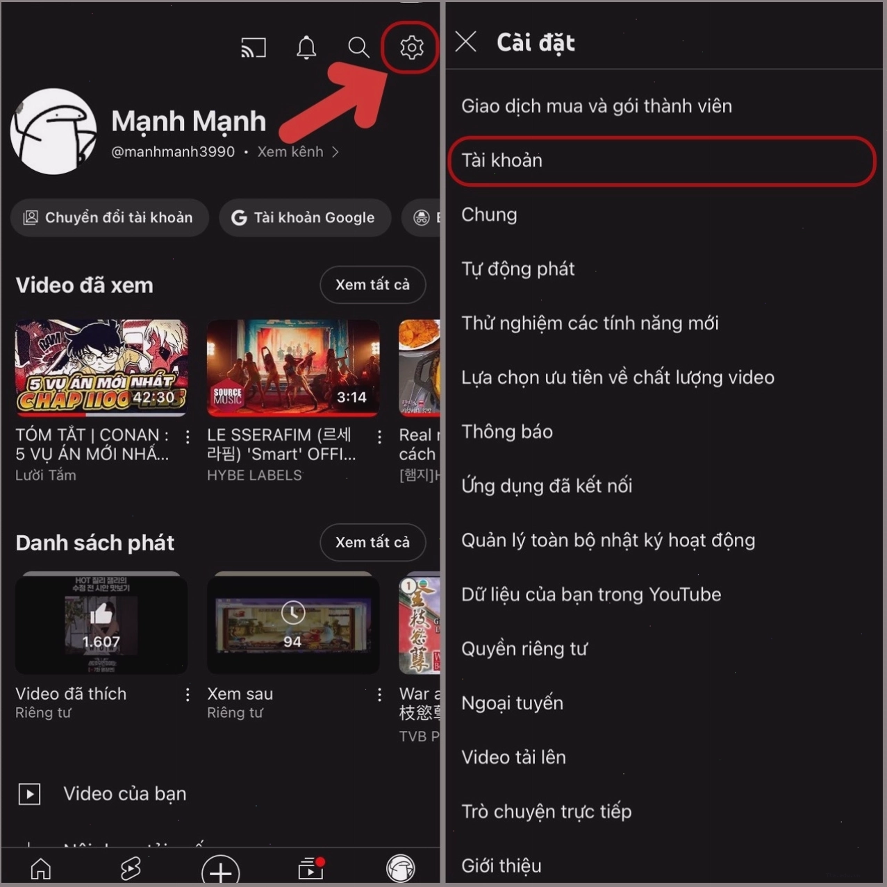 Vào Cài đặt và chọn Tài khoản trên YouTube