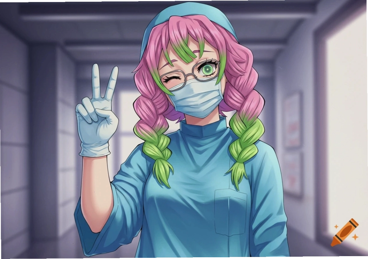 Anime character Mitsuri in medical gown and mask