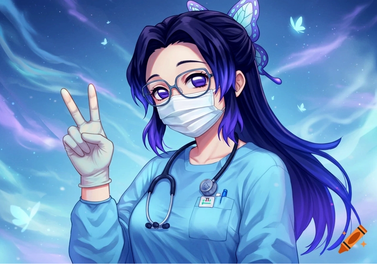 Anime character Shinobu in blue medical gown