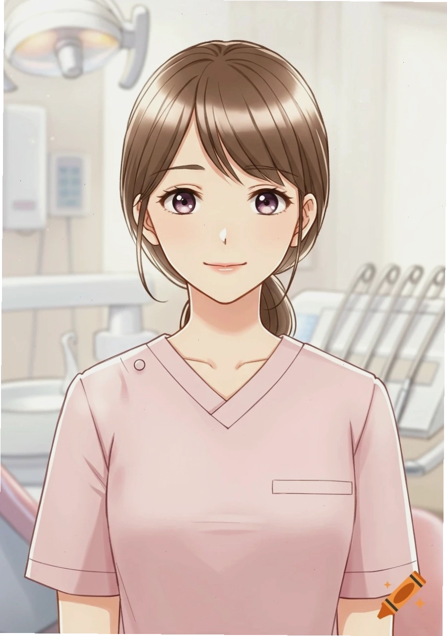 Anime female dentist in pink scrub top