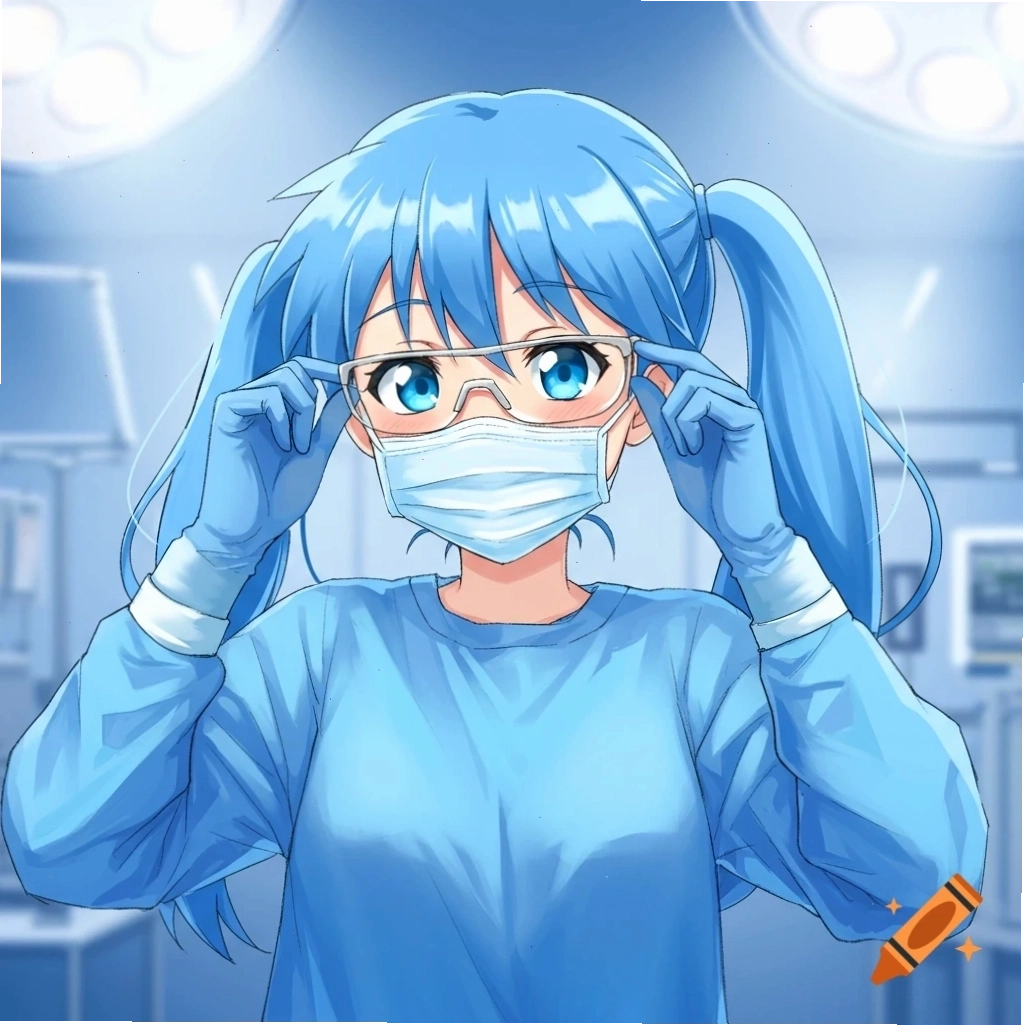 Anime girl with blue hair in medical gown and mask