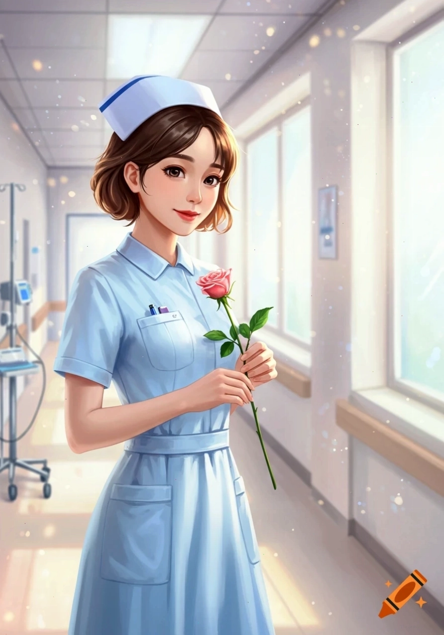 Anime nurse in light blue uniform with a pink rose