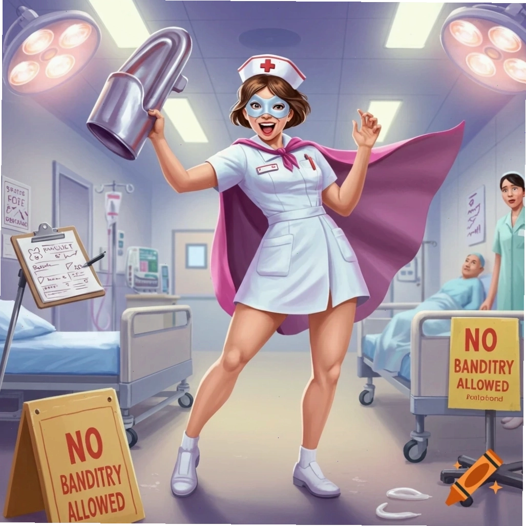 Cartoon illustration of a superhero nurse with a cape