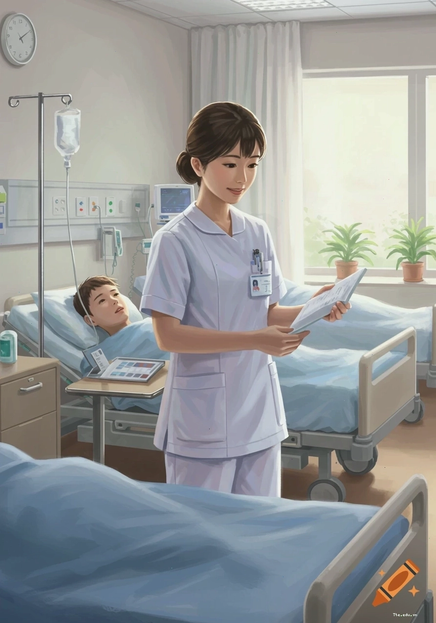 Illustration of a nurse in scrubs with a patient