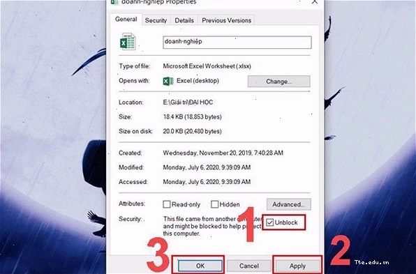 Thao tác mở khóa tệp tin Excel bị chặn trong cửa sổ Properties