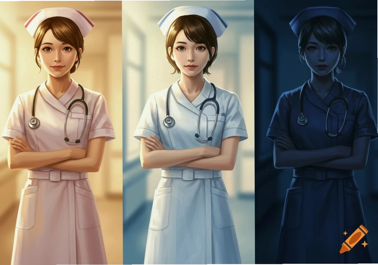 Three anime nurses representing different shifts